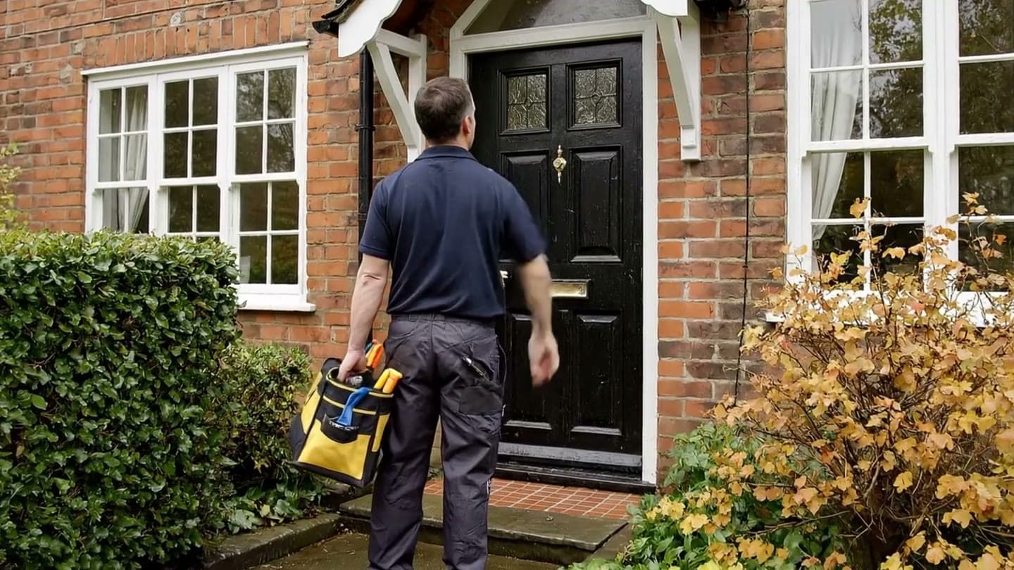 An engineer knocks at the door of a red-brick house and is welcomed in