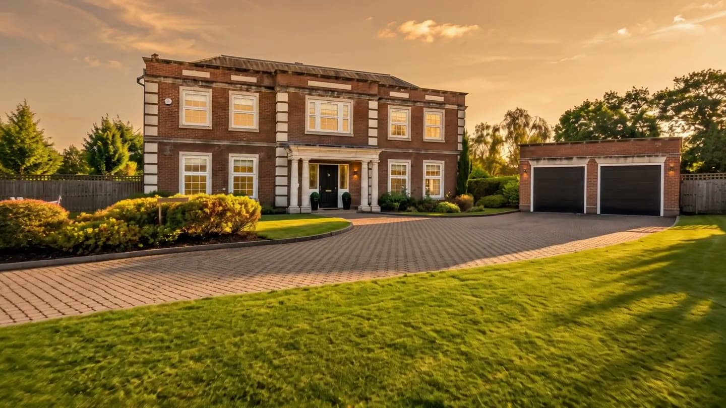 A large brick house at dusk, its driveway sweeping past a clipped lawn